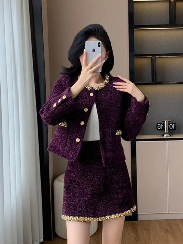 High Quality French Vintage Small Fragrance Two Piece Set Women Outfit Tweed Jacket Coat + Skirt 2 Piece Suits Conjuntos Cortos