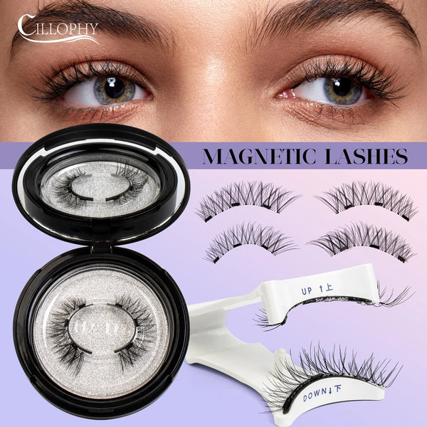 Cillophy 2Pairs Reusable Magnetic Lashes with Magnets Tweezer No Glue Needed D Magnetic Eyelash 3-Step Press On False Eyelash