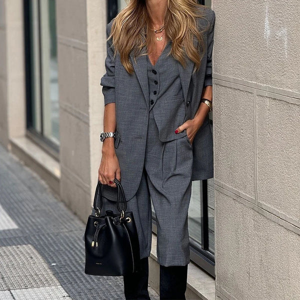 Fashion High Street Button Blazer Outfits Elegant Temperament Professional Suit Autumn Women Long Sleeved Commuting 3 Piece Sets