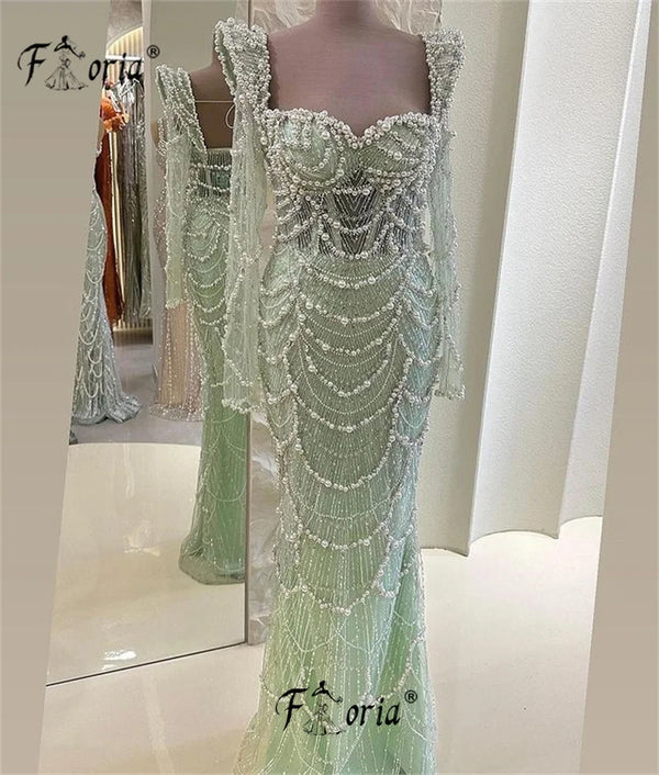 1&Only Elegant Pearls Beaded Formal Party Dress with Tassels Mint Green Long Sleeve Dubai Evening Dresses Robe de soireee Celebrity