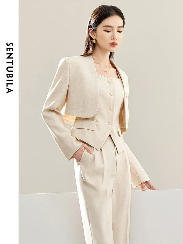 SENTUBILA Women 3 Piece Blazer Pant Suits Matching Set Autumn Cropped Tailoring Coat + Vest + Straight Pant