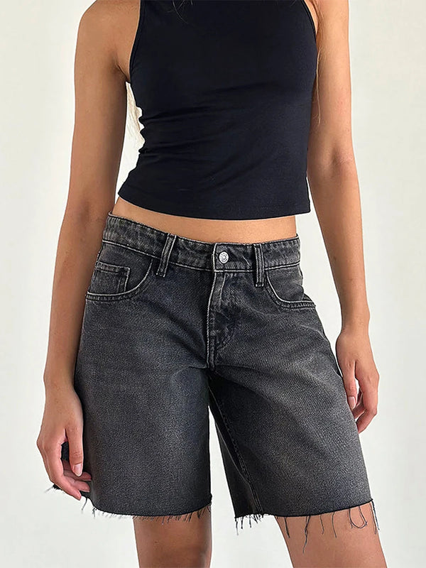 Women's Knee Length Denim Shorts Summer Loose Solid Color Wide Leg Raw Hem Vintage Bermuda Shorts with Pockets for Streetwear