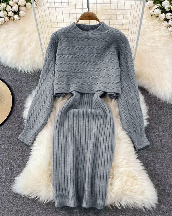 Elegant 2-Piece Sets for Women Autumn/winter New Elegant Fried Dough Twists Knitted Long Sleeve Top Strap Wool Skirt Set