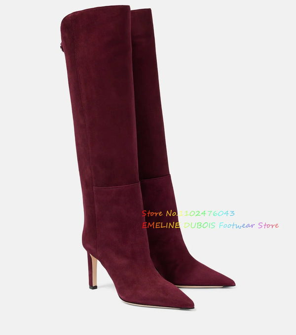 Suede High Heel Knee High Boots Pointy Toe Straight Tube Back Double Button Design Slipper On Stiletto Heel Winter Long Boot