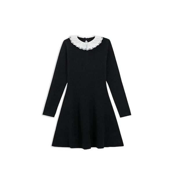 OUYANG&IVAN Winter Cotton Wool Girls Long Sleeve Dress Classic Black and White Knit Dress Little Girls White Lotus Collar Dress