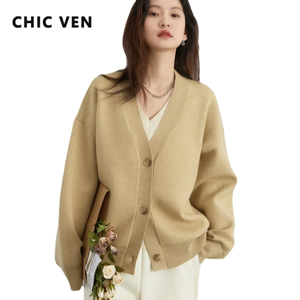 CHIC VEN Women Cardigan Loose V-neck Female Sweater Long Sleeved Knit Top for Girl Korean Popular Clothes Spring Autumn 2024