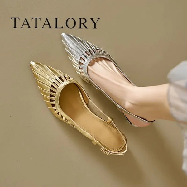 The New Foreign Style Slotted Buckle Strap Toe Sandals Women's Pointed Toe Braided Cut-out Low Heel Hollow Back Single Shoes