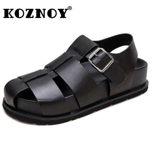 Koznoy 4.5cm Weave Cow Genuine Leather Sandals  Platform Wedge Summer Men Fashion Ankle Booties Round Buckle Shoes