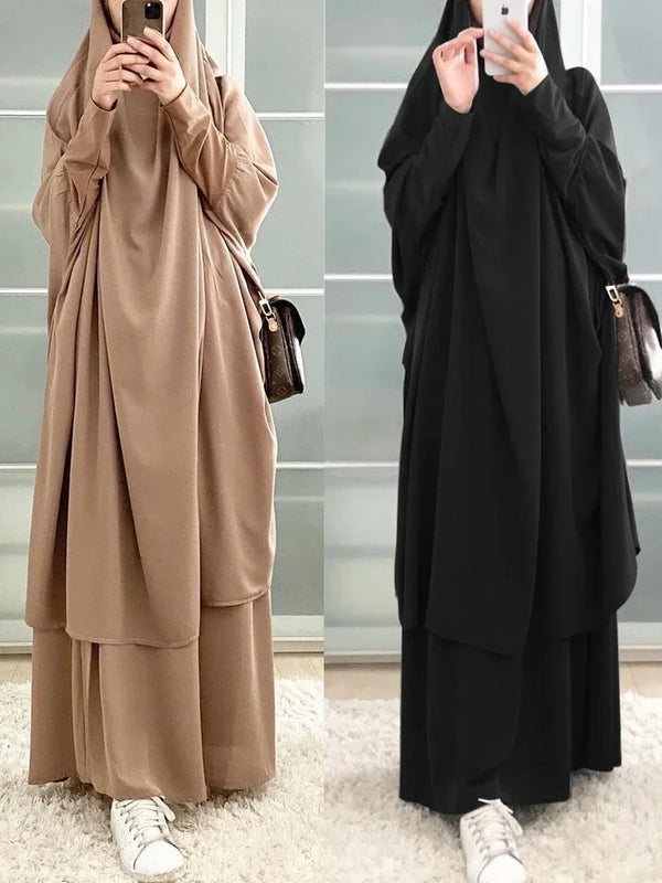 Eid 2025 Hooded Muslim Women Hijab Dress Prayer Garment Long Khimar Ramadan Gown Skirt Sets Islamic Niqab Jilbab 2 Piece Set