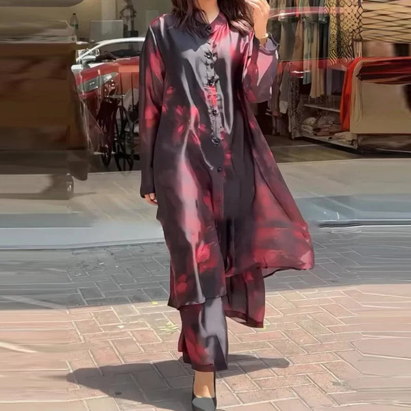 New Casual Chiffon Loose Two Piece Set Fashion High Street Long Pants Outfit Fall Ladies Vintage Pattern Printed Commuter Suit