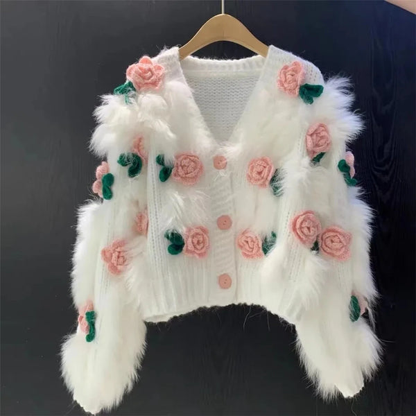 Women'S Fashion Cardigan Spring And Autumn New High Grade Sweater Embroidered 3D Rose Knitted Top