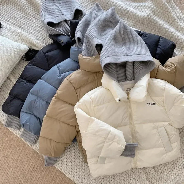 2025 New Winter Baby Toddler Boy Korean Style Knitted Patchwork Hooded Jacket Coat Thicken Outdoor Wear 2-7YEARS