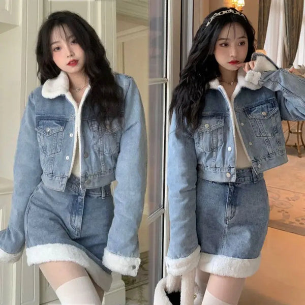 Autumn Winter Korean Edition Suit New Lamb Wool Spliced Denim Coat Women's Short Sweet Cool Half Skirt Two Piece Set Trend