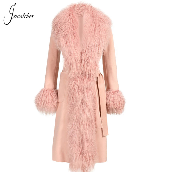 Women Mongolian Sheep Fur Coat Long Style Cashmere Jacket With Real Fur Trim Lady Autumn Winter Fashion Warm Outerwear