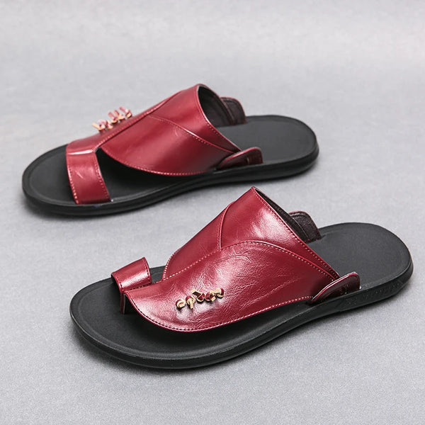 Vintage Red Men's Leather Sandals 2025 Comfortable Slip On Sandals Men Summer Leather Man Flip Flops Outdoor sandalias hombre