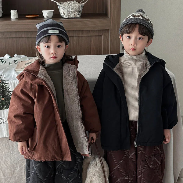 Boys Coat 2025 Winter New Childrens Clothing Boys and Girls Thick Warm Rabbit Plush Hooded Cotton-padded Jacket Casual