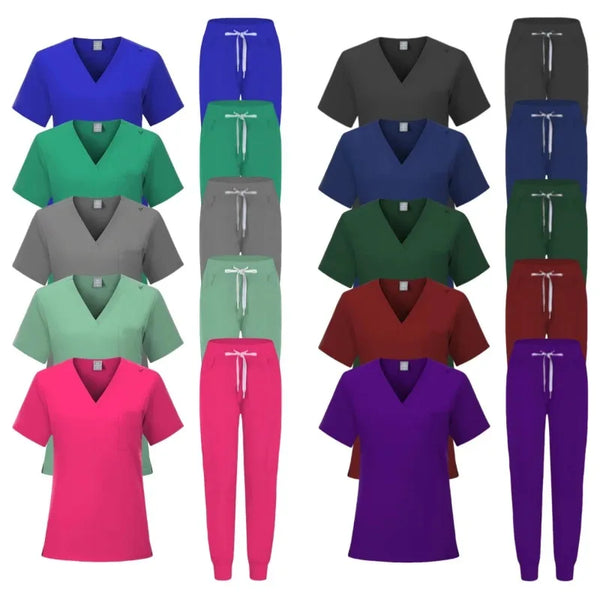 Many Colors Cheap Price V-Neck Women Nursing Uniform Sets Mint Purple Medical Uniform Women Jogger Leg Pants Medical Nurse Sets