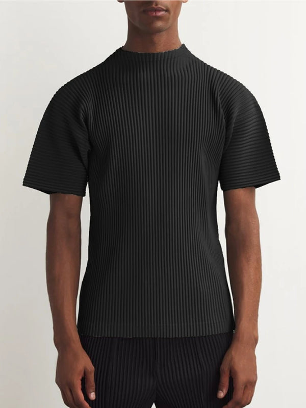 2025 Miyake Pleated Clothes Man Short Sleeve T-Shirt Fashion Black Turtleneck Top