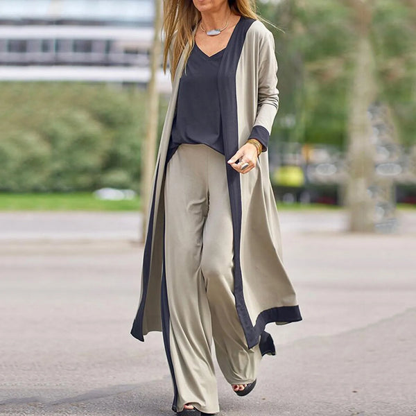 New Autumn 3 Piece Women Cardigan Tracksuits Fashion Wide Leg Pant Set Winter Ladies Color Matching Top Suit Vintage Casual