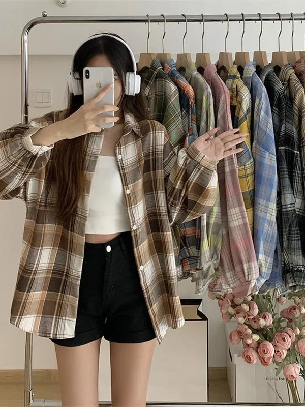 Plaid Shirt Women Autumn Long Sleeve Top Female Vintage Fashion Single Breasted Blouse Ladies Preppy Style Loose Check Shirts