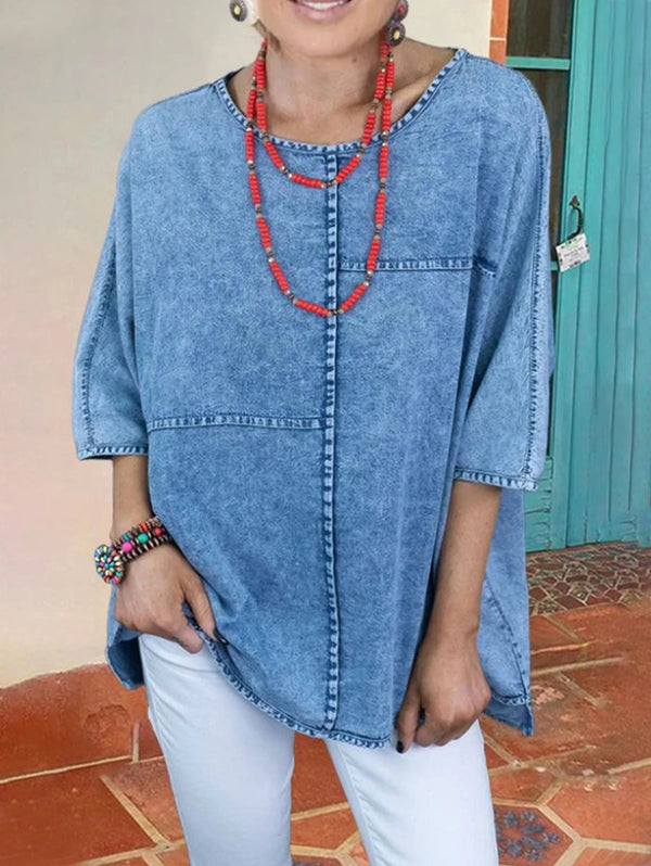 Women's Plus Size Denim Shirts Spring Fashion Half Sleeve Spliced Elegant Shirt Blouse Woven Cotton Shirt Chemise Blusas Tops