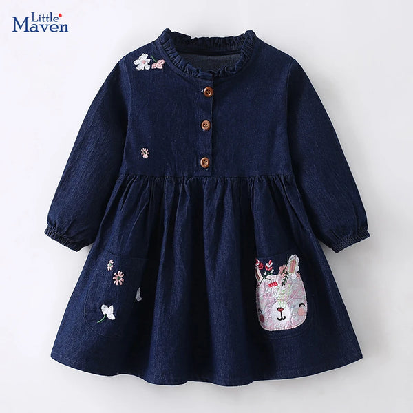 Little maven Kids Clothes Children's Clothing Baby Girls 2025 Autumn Cotton Long Sleeves Cartoon Rabbits Princess Denim Dresses