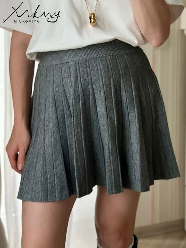 MiuKoMiYa Gray Skirt Women Pleated Mini Skirts Autumn High Waist Long Knitted Skirt For Women Solid Black Short Skirts Ladies