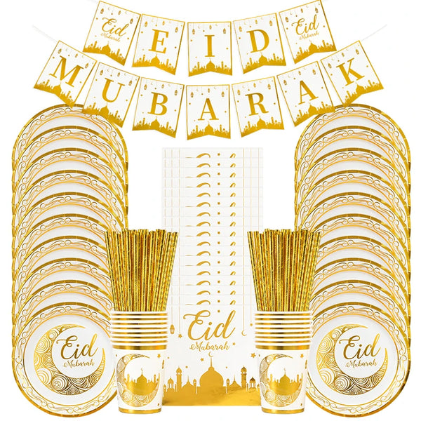 Eid Mubarak Disposable Tableware Gold Plate Cup Banner Gift Bags Islamic Muslim Party Supplies 2025 Ramadan Kareem Decorations