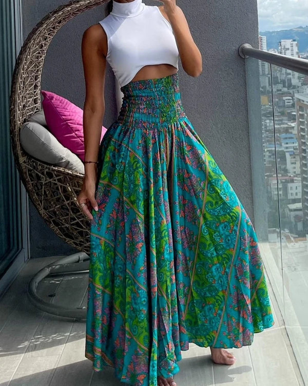 Women's Oversized Trousers 2025 Spring/Summer Latest Casual Boho Vintage Tribal Paisley Print Shirred High Waist Wide Leg Pants