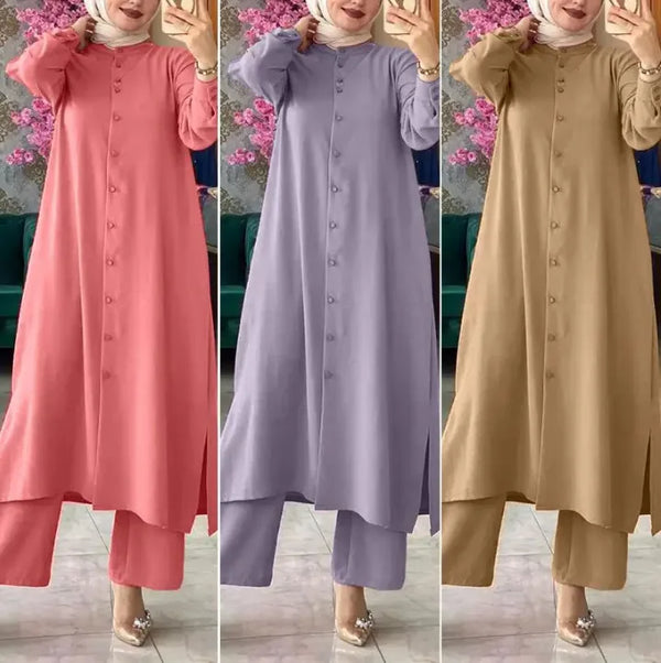 Ensemble Modest Women Long Coat Wide Leg Pants Suit Islam Ramadan Morocco Dubai Muslim 2 Piece Casual Kimono Arabic Outfits