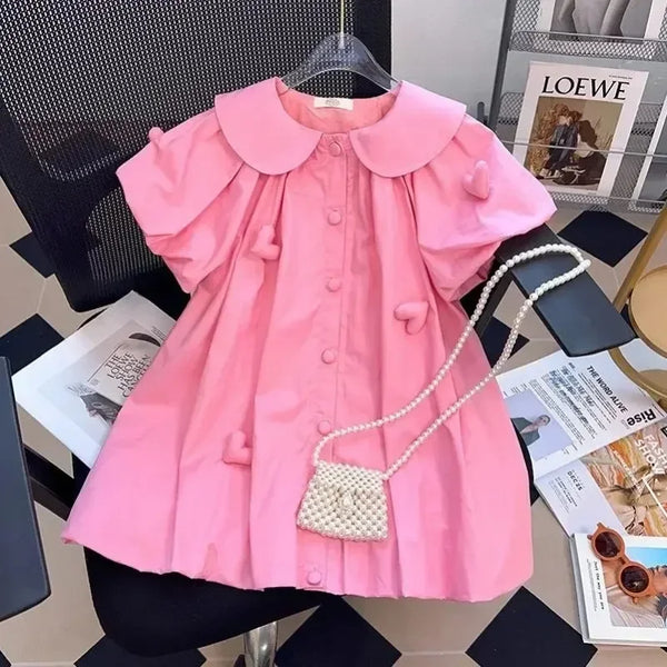 Baby Vestidos Girls 3D Love Puff Sleeved Birthday Party Dress Summer Children Elegant Long Shirts Dresses Chiffon Clothes Kids