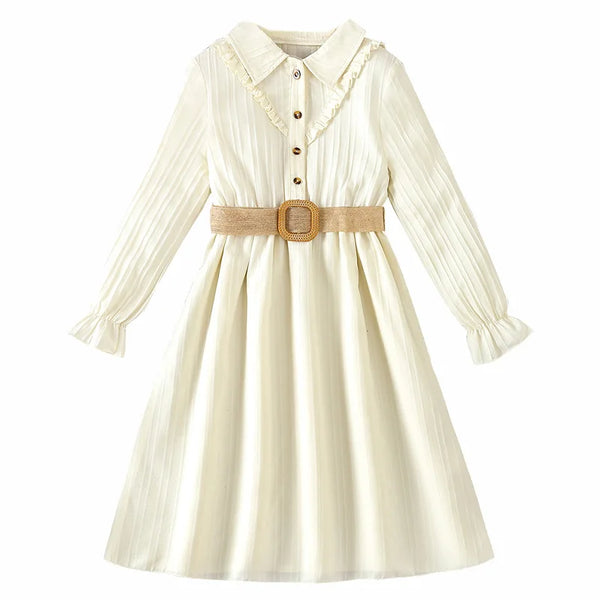 Formal Girl Dress Chiffon Teenager Girl Clothes Elegant Shirt Dress with Belt Kid Outfit Children Clothing Plus Size Teens