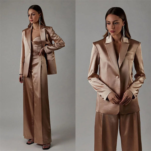 Women's Silk Satin Blazer and Pants Suit Set, Lady Office Tuxedos, Formal Work, Party Prom Dress, Custom Size, 3 Pcs Customized