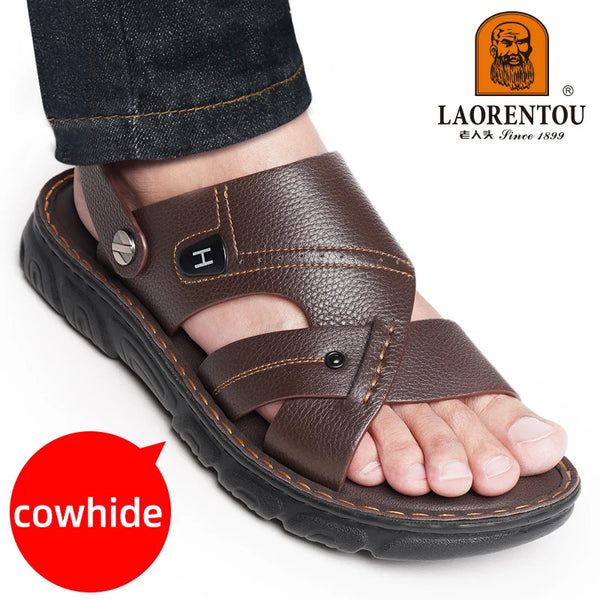 LAORENTOU summer New Sandals Men's Real Cowhide Dad Leather Sandals Slippers Two Wear Outdoor Men's Beach Shoes