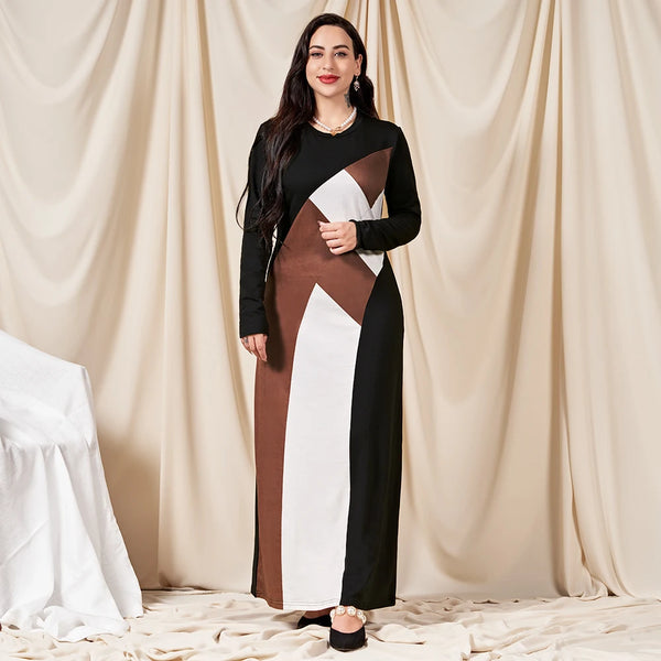 FridayIn Muslim Abaya Fashion Color Contrast Splicing Long Dresses for Women Round Neck Regular Sleeve Female Skirt Kaftan