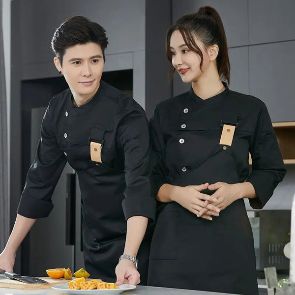 Men black Chef Coat Logo short Sleeve Chef Jacket Apron for Summer Head Chef Uniform Restaurant Hotel Kitchen Cooking Clothes