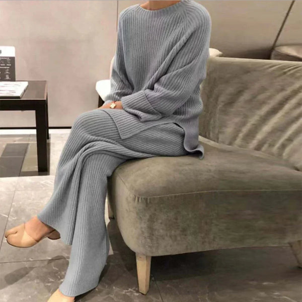 Lady Home Suit Autumn Fashion Soft Casual O-Neck Pullover Tops+Knitted Pant New Homewear Pajama Winter Solid Women Two Piece Set