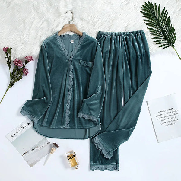 2PCS Velvet Pajamas Set For Women Sexy Female Velor V-neck Lace Homewear Autumn New Long Pant Pijamas Suit