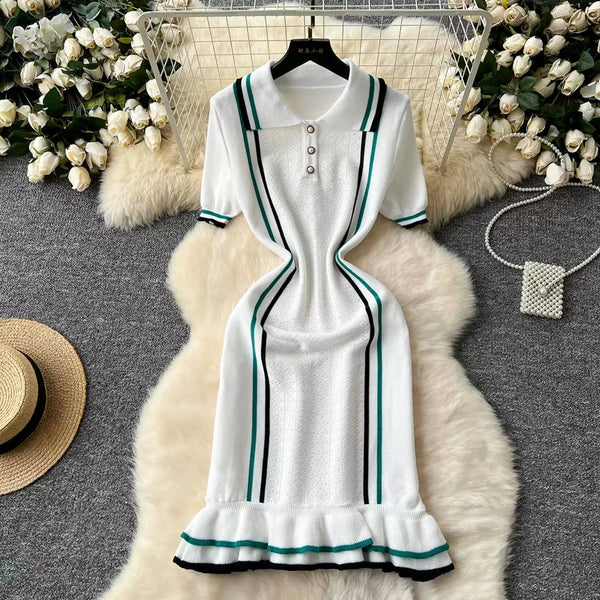 Fall/Winter New Fragrance Knit Dress French Retro Lapel Contrast Waist Slim Ruffle Sweater Vestidos Largos