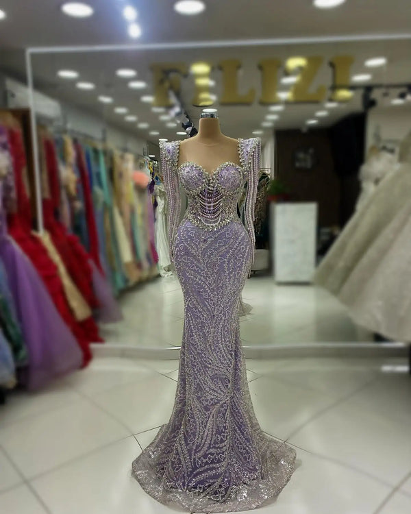 1&Only Elegant Full Beadings Crystal Mermaid Formal Evening Dresses with Cap Sleeve Tassels Sequined Purple Celebrity Party Dress