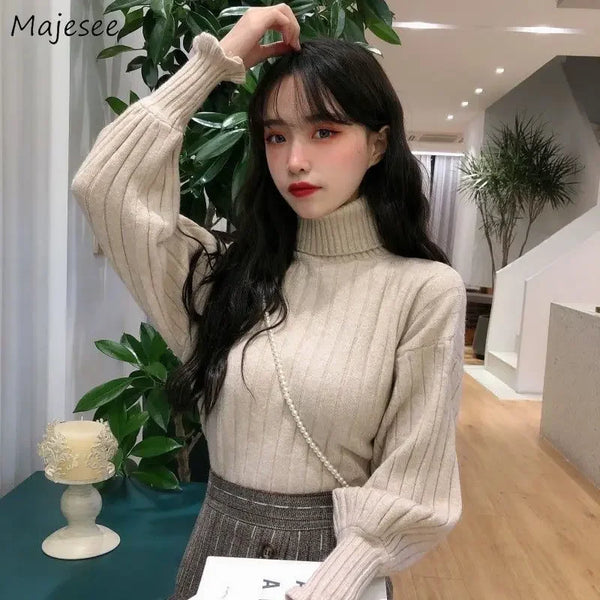 Turtleneck Sweater Women Aesthetic Solid Lantern Sleeve Korean Preppy Style Sweet Cute Ladies Warm Loose Casual Streetwear New