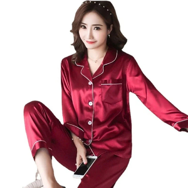 Silk Pajamas for Women Sexy Silk Women Pijama Sets Sleepwear Long-sleeve Cardigan Female Ice Silk Home Pijama Mujer Verano