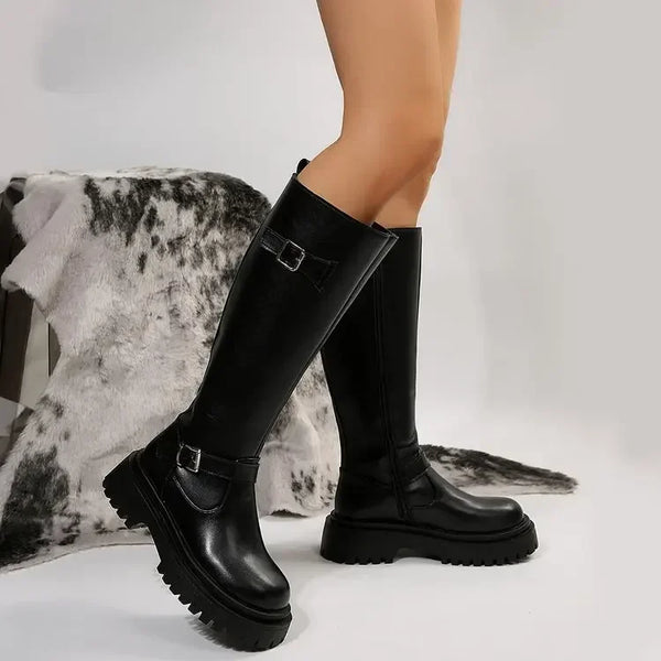 Belt Buckle Gothic Boots for Women Black Thick Heels Knee High  Boots Woman Plus Size 42 Punk Long Botas Female