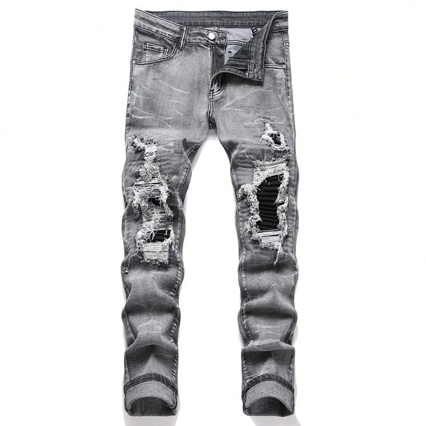 Men‘s Stretchy Denim Jeans Streetwear Tearing Patchwork Holes Ripped Denim Elastic Waist Casual Pants Slim fit Straight Trousers