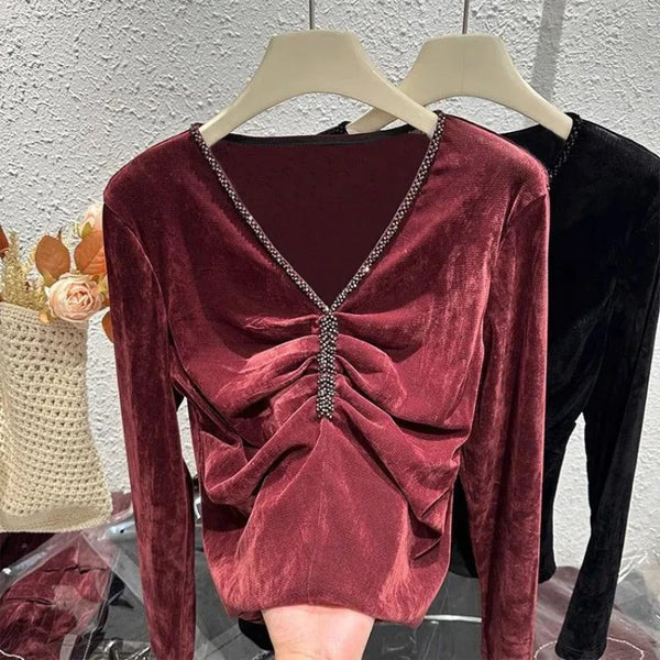 French Style Design Nail Bead Ankela Red V-neck Long Sleeved T-shirt for Women's Autumn New Slim Fit and Slimming Top Trend