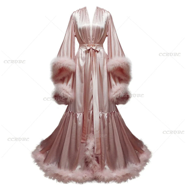 Customized Bathrobe for Women Flare Sleeves Feather Bridal Robe Nightgown Silk Long Wedding Scarf Dress Gown Photography Dress