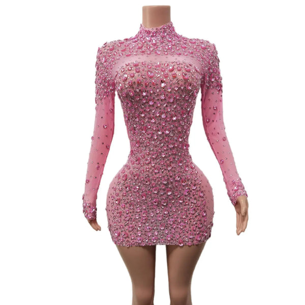 1&Only Sexy Dance Pink Dress Performance Sparkly Pink Rhinestones Dress Women Evening Birthday Celebrate Party Outfit Cuixing