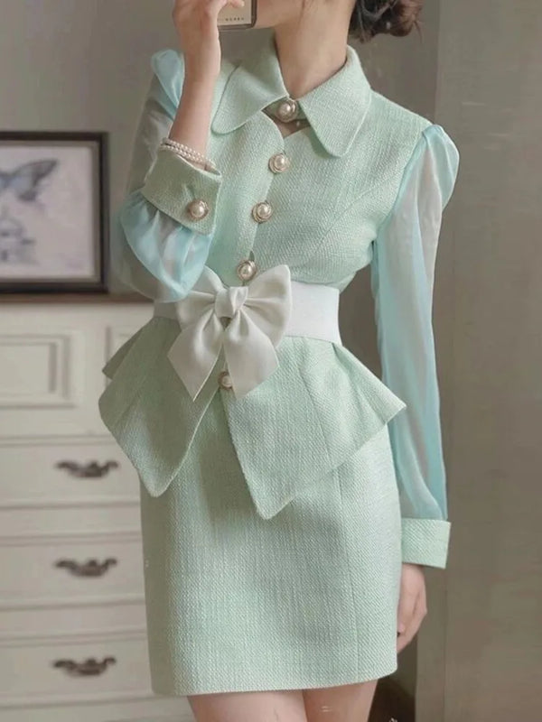 Women's French Temperament Two Piece Set Autumn New Chiffon Puff Sleeves Patchwork Tweed Tops + Waist Closing Skirt Suit