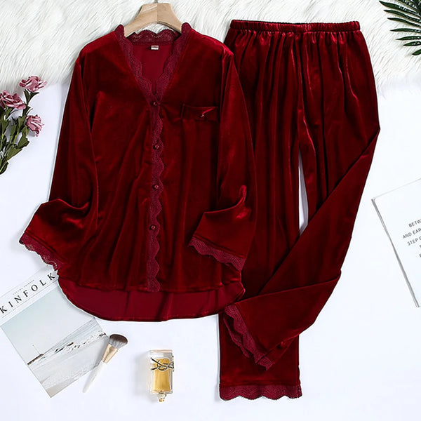 velvet pajamas sleepwear Two piece set burgundy lace trim Pijamas Suit autumn winter velour nightwear pyjama pour femme homewear