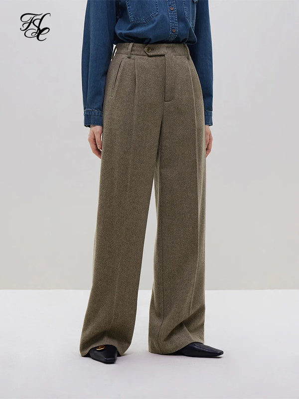 FSLE Commuting 52.3% Wool Straight Casual Pants for Women Winter Newly High Waist Wide-leg Thick Long Trousers Female